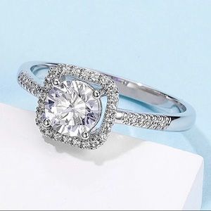 Diamond CZ 18K Gold Plated Classic Square Halo Engagement Wedding Ring